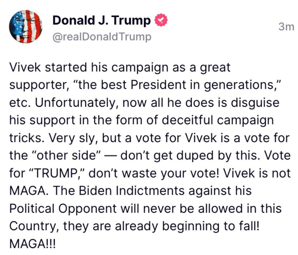 KeithNixTV's tweet photo. Vivek @VivekGRamaswamy  must be doing better in Iowa than the polls are showing to get this shout out today from the Trump campaign. Or did I miss something from Vivek’s campaign? Interesting… https://t.co/8wek4475wU