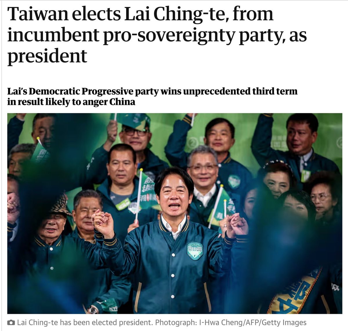 Taiwan has voted for Lai Ching-te to be its next president, ushering in a historic third term in power for the pro-sovereignty Democratic Progressive party (DPP), in a result that will anger Beijing and heighten tensions across the Taiwan strait. <a href="/guardian/">The Guardian</a>