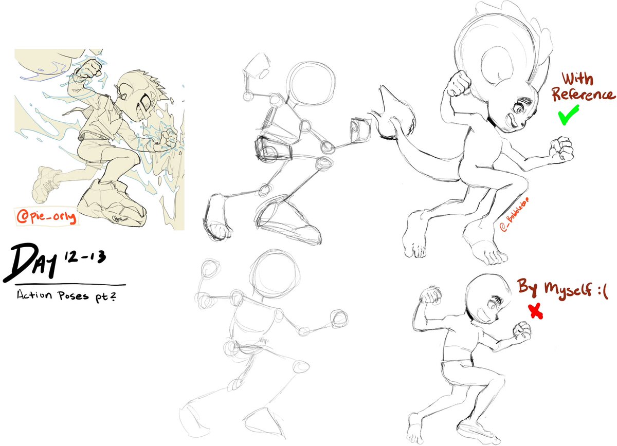 _bobbletop's tweet photo. [Day 12-13]: Character Design

This art is from @pie_orly ! 

I tried to do an action pose 😭. With just looking and drawing, I did a horrible job. But sectioning off the shapes by tracing, I did a better job. I need much work done in this area!

Any tips are appreciated! https://t.co/AiVfOkZ1tS