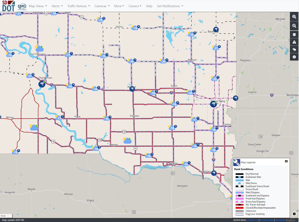 SouthDakotaDOT's tweet image. ROAD CONDITION UPDATE: Jan. 13, 2024, at 8:15 p.m. CT/7:15 p.m. MT

Many secondary highways are now closed. Blizzard-like conditions are forecasted to continue throughout the overnight hours into Sunday, Jan. 14, 2024. 

 sd511.org or dial 511. 

#SDDOT #SD511