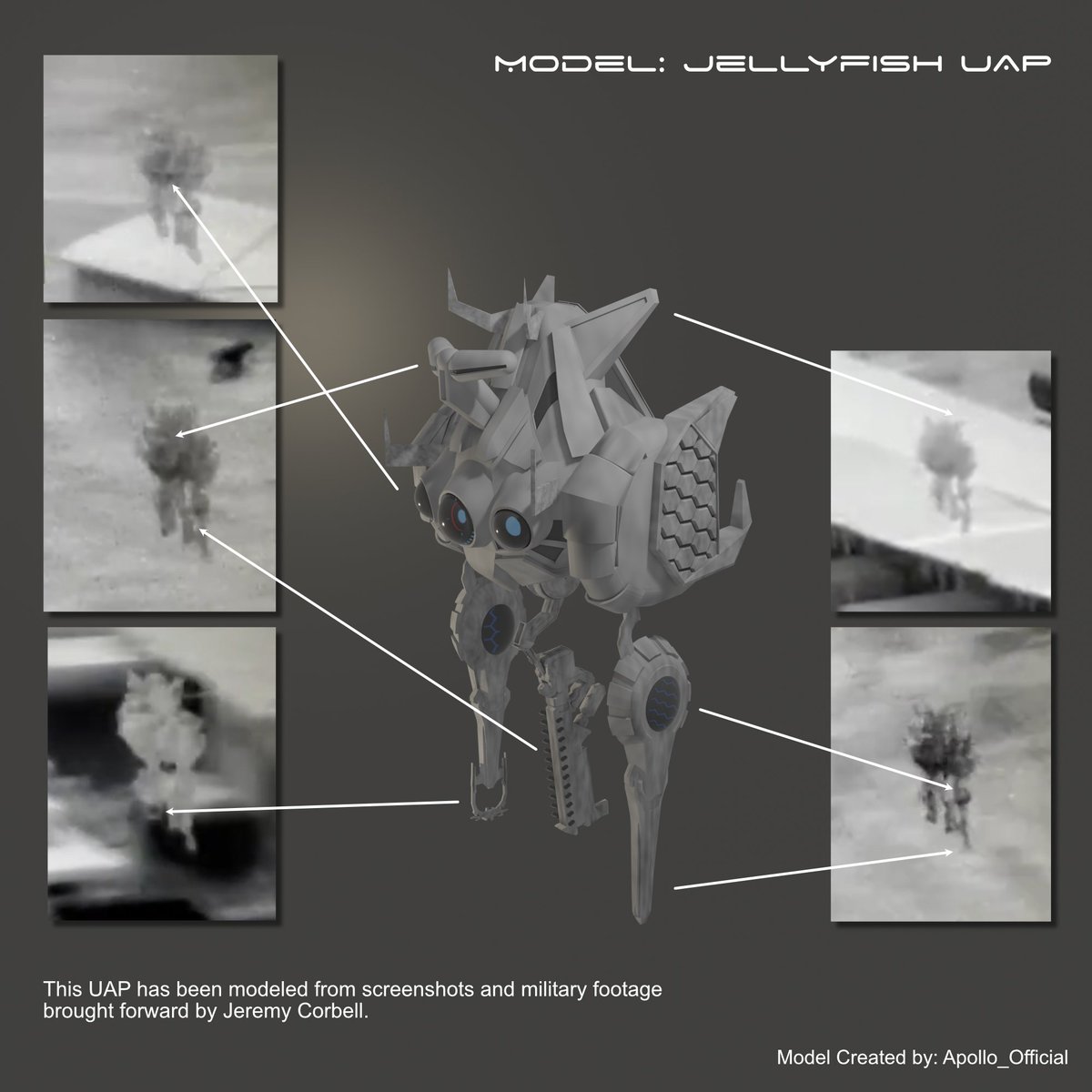 ApolloOfficia15's tweet photo. @JeremyCorbell @Tubi @TMZ @g_knapp @ralphblu @JayCKing78 @UFO_Rabbit_Hole @timburchett @RepTimBurchett @ChrisUKSharp After seeing the Jellyfish UAP footage I thought I might take a shot at recreating a 3D model of it based off of some still shots I took. I may not have all the details correct, but I believe this is what it looks like. #UAP #UFO #aliens #jeremycorbell #ET #unexplained https://t.co/90bWeIdX84