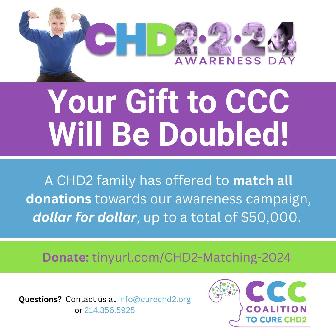 Your Gift to CCC Will Be Doubled! An anonymous donor has offered to match all donations up to a total of $50,000. Your generous donation today will help us reach our campaign goal of $100,000 by Feb 2nd
Visit tinyurl.com/CHD2-Matching-…
Thank you!
#CureCHD2 #CHD2AwarenessDay
