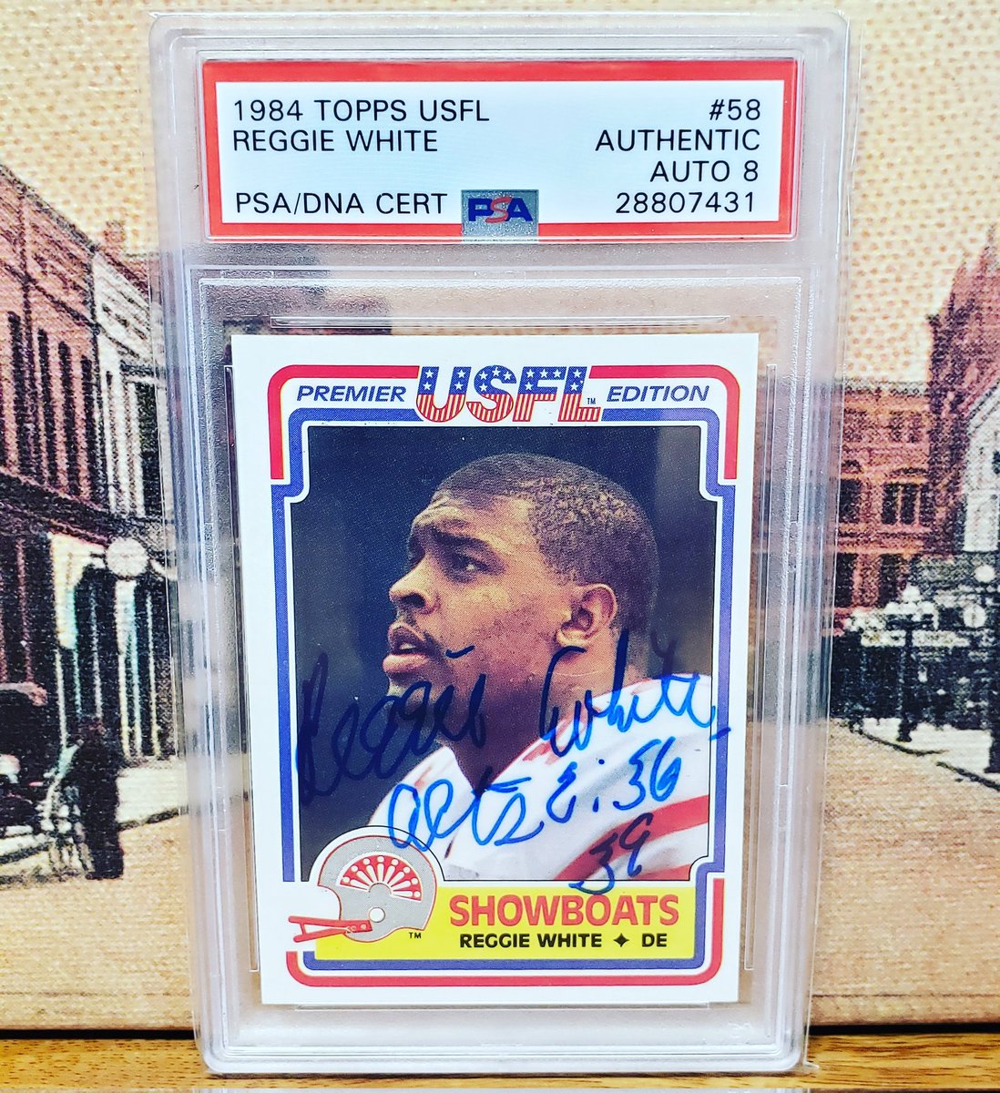 #29 on the Top 100 of 2023 - 1984 Topps USFL Reggie White RC Autographed!! Down 2 spots from last year but a tough card to price. Only 6 ever certified by PSADNA. Quite possibly the favorite card in my PC. #reggiewhite #autograph #psadna #memphisshowboats