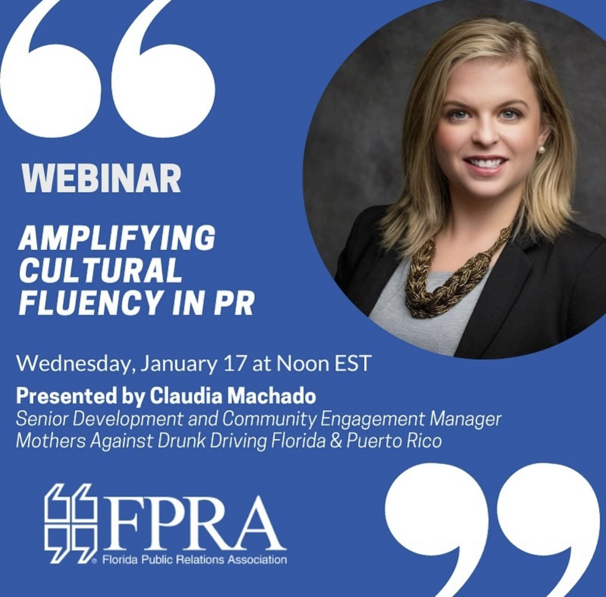 Tune in on Wednesday, Jan. 17, at 11 a.m. CST and explore the power of developing culturally relevant communication for Hispanic and multicultural audiences presented by Claudia Machado. 

Visit us06web.zoom.us/webinar/regist… to register for the webinar!