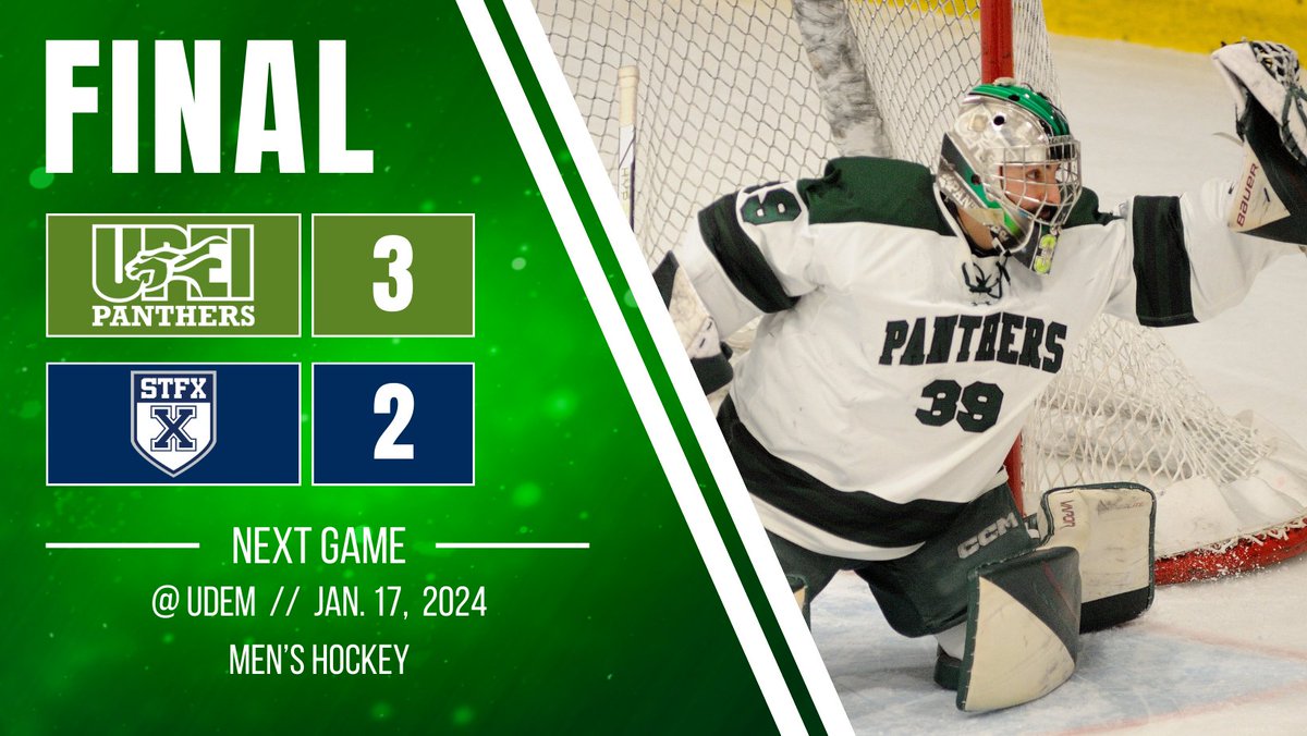 UPEIMHockey's tweet photo. FINAL | #Panthers 3 - @StFXAthletics 2

Can't ask for a better road trip! 4 points baby!

GOALS🚨:
Richard x2
Currie

ASSISTS🍏:
Sedore x2
Cohen
Henry

SAVES🛑:
Capriotti x33

#GoPanthersGo | #Hockey https://t.co/b4ODtbwILt