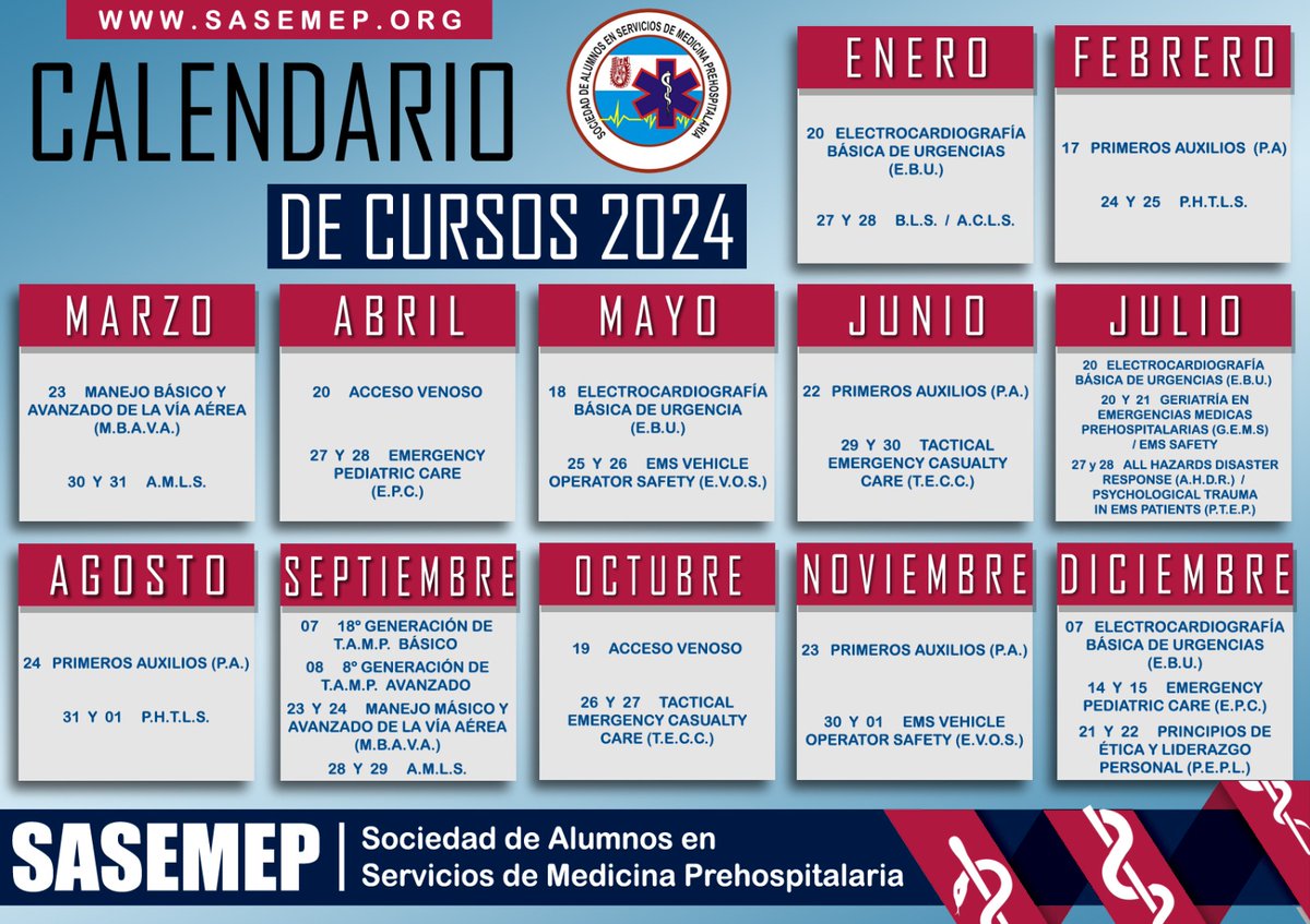 SASEMEP_IPN's tweet photo. Programa Anual 2024 #SASEMEP:

#PA, #BLS, #ACLS, #EBU, #AV, #MBAVA, #PHTLS, #AMLS, #EVOS, #EPC, #PTEP, #AHDR, #TECC, #GEMS, #EMSSAFETY, #PEPL
#TAMPBásico
#TAMPAvanzado

+Info:
https://t.co/Yd5DQe9Xm7
https://t.co/Cian6ZViYu
#WhatsApp: 5562211320
#Email: sasemep@hotmail.com https://t.co/PblrAX7QkK