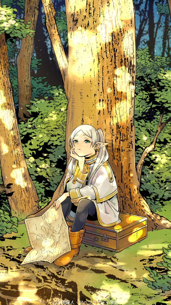 frieren 1girl pointy ears tree elf solo sitting twintails  illustration images