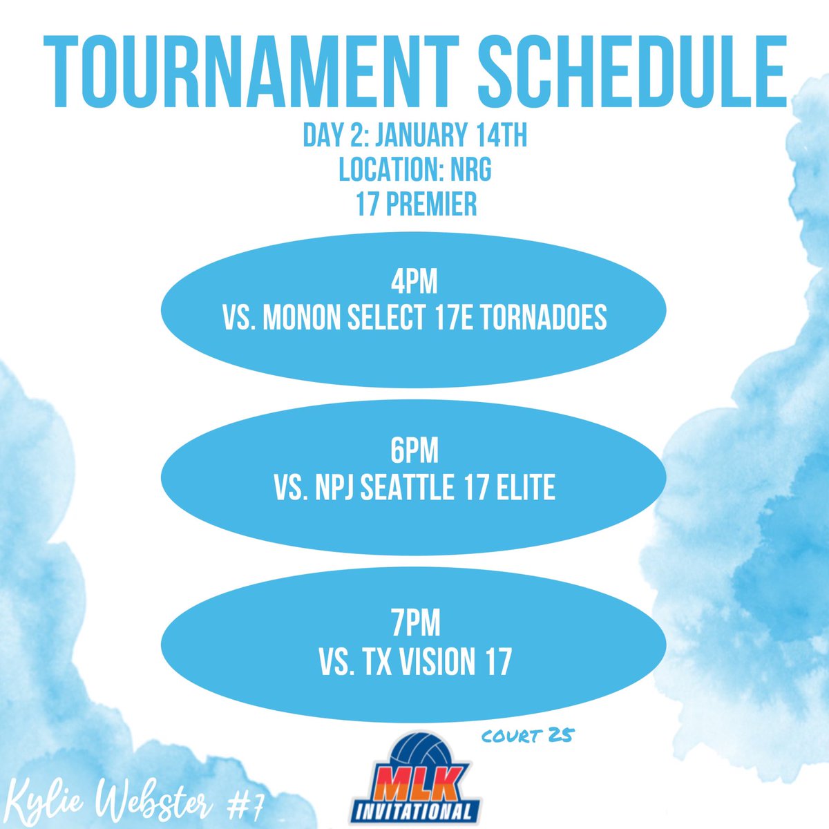 KylieWebsterVB's tweet photo. MLK Tournament Day 2 schedule for @MoCoMavs 17 White NRG, Court 25!  See you there! 
@PDTexas @MalloriHowie @CoachMikeDZ https://t.co/91HpOw0vBd