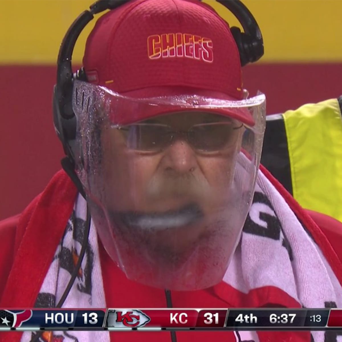Frozen ‘stache Andy Reid or Fogged up face shield Andy Reid?