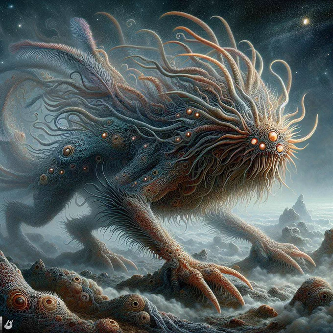 AIに奇妙奇天烈な生物描いてっつったら実に奇妙奇天烈な生成を描いてくれまして、一体何を題材に描いたんだか見当がつかない。
