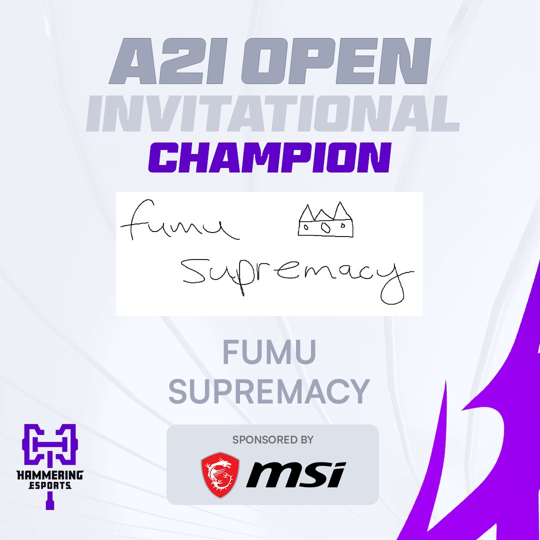 HammeringeSport's tweet photo. 📢 THE RESULTS ARE IN 📢

FUMU SUPREMACY ARE OUR 🏆 A2I OPEN INVITATIONAL CHAMPIONs 🏆

One final last shoutout to @msiUSA for their support throughout our tournament, our speaker panel, and throughout the event ✨

#valorant #ValorantTournament #esports https://t.co/fVVT8hcRjT