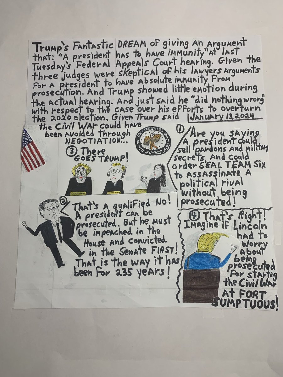 rjfcartoons's tweet image. Trump’s FANTASTIC DREAM of being more forceful at his last Tuesday’s Federal Appeals Court hearing. In the wake of three judges appearing very skeptical of his lawyers arguments that a president should have #absoluteimmunity  Give #Trump said the #CivilWar could have been avoided