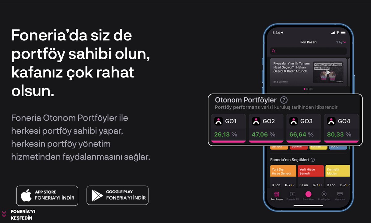 solakoglu's tweet photo. Bu haftasonu keyifli bir Pazar yazısı hazırladım. Konumuz bir yatırım fonu uygulaması olan @FoneriaApp

Yatırım fonlarına hepimizin ilgisinin arttığı aşikar. Fonları inceleyen çok değerli sosyal medya hesapları ve kısmen bazı uygulamalar mevcut. Fon denince akla gelen konu başlıkları genellikle benzer; fonun içeriği nedir, alış satış valörleri nelerdir, yönetim ücreti ne kadar, son gün, hafta, ay, yıl performansı nedir vb.

Bunları teker teker incelemek ciddi emek ve zaman gerektiriyor, bunu iyi biliyorum çünkü yıllardır kendime el yordamıyla bazı fonları sürekli veri haline getiriyorum. Sosyal medyada düzenli içerik üreten bu segmentteki hesaplara da ayrıca minnettarım.

İşte bunların hepsini @FoneriaApp birkaç saniyede ulaşılabilen arayüzlere sığdırmış ve sistem altyapısı sayesinde hesap açılışı yaparak yatırım fonu almayı sağlamış.

Peki foneria nedir?

Foneria en sade hali ile yatırım fonu yatırımı yapabildiğiniz bir mobil uygulamadır. Uygulamaya Apple Store ve Google Play’den ulaşılabilmektedir.

Uygulama içerisinde Fon Pazarı alanı bulunmaktadır. Bu alanda son çıkan fonları, farklı varlık sınıflarını, son bir ay içerisinde en çok yatırım yapılan popüler fonları inceleyebilirsiniz. TEFAS’ta işlem gören tüm fonları foneria ile görüntüleyerek dilediğinize yatırım yapabilirsiniz.

Web sitesi incelendiğinde “Vizyonumuz” başlığında yer alan ifade dikkat çekici: Paranızın değerini koruyamamanın size yaşattığı stresi biliyoruz. Foneria olarak herkesin bir portföy sahibi olması amacıyla yola çıktık.

Şirket kurucusu finans dünyasının tanıdığı bir isim Arif İsfendiyaroğlu. https://t.co/SZHdMS04Nl

İsfendiyaroğlu 30 yıl boyunca Garanti Bankası, Denizbank, Akbank ve Yapı Kredi’de Genel Müdür Yardımcılığı görevleri üstlendikten sonra 2020 yılında Foneria Portföy Yönetimi A.Ş. ile yeni bir yola çıkmıştır.

Bireysel ve Perakende Bankacılık kariyeri boyunca “küçük yatırımcı” olarak bilinen bireysel yatırımcının ihtiyaçları üzerinde onlarca yeni ürünün ortaya çıkmasını sağlamış ve artık herkesin alternatif yatırım enstrünmanlarına ulaşabilmesini gaye edinerek @FoneriaApp uygulamasını hayata geçirme kararı almıştır.

Uygulama yatırımcıların kendi tercihi ile fon alabilmesinin yanı sıra otonom portföyleri ile yatırım karakterine uygun otonom yatırım yapabilme imkanı da sunmaktadır. Buna ek olarak yatırımcı davranışları analizi ile uygun olabilecek ürün alternatifler hakkında da bilgilendirmeler yapmakta.

Uygulama içerisinde dikkat çeken kısımlardan biri Foneria TV alanı. Youtube kanalından doğrudan entegrasyon sağlanan streaming bölümünde yatırımcılık ve yatırım ürünleri ile ilgili bilgilendirme içerikleri ve sektör profesyonellerinin piyasa değerlendirmelerine yer veriliyor. Bu sayede uygulama sadece bir yatırım alanı olmanın dışına çıkarak eğitici bir özellik de kazanıyor.

Türkiye’de toplam 14 portföy saklama kuruluşu bulunmaktadır. Bu kuruluşlara buradan ulaşabilirsiniz: https://t.co/UfNuyIuTVw

@FoneriaApp bu kuruluşlardan Denizbank ile entegrasyon sağlamış ve yatırımcıların bu entegrasyon ile 7 dakikada hesap açılışı yapabilmesini mümkün kılmıştır. Uygulama üzerinden alınan yatırım fonları portföy saklayıcılığını Denizbank yaparken hisse senedi yatırımlarında olduğu gibi fon katılma payları kayden MKK üzerinden izlenmektedir.

@FoneriaApp uygulaması Gri Finansal Teknolojiler A.Ş.’ye aittir. Uygulama 8 ayda 13.000 kayıtlı kullanıcıya ve 700 Milyon TL üzerinde işlem hacmine ulaşmıştır. 18 aylık dönemde 40.000 kayıtlı kullanıcı ve 1 Milyar TL varlık toplamı ve 36 ayda 100.000 kayıtlı kullanıcı ve 5 Milyar TL varlık toplamına ulaşmayı hedeflemektedir.

Şirket gelirlerini yatırımcıların gerçekleştirmekte olduğu fon işlemleri ile bu fonların yönetim ücretlerinden sağladığı işlem komisyonları ile sağlamaktadır.

Foneria uygulamasını hayata geçiren Gri Finansal Teknolojiler A.Ş.’nin, adil ve makul piyasa değerinin belirlenmesi amacıyla, SGD Bağımsız Denetim Hizmetleri A.Ş. tarafından bir değer tespit raporu hazırlanmıştır. Değerleme yöntemi olarak İndirgenmiş Nakit Akımı ve Pazar yaklaşımlarından Çarpan Analizi yöntemlerinin kullanıldığı raporda Gri Finansal Teknolojiler A.Ş.’nin şirket değeri 1 Ekim 2023 tarihi itibarıyla 41,6 Milyon ABD Doları olarak belirlenmiştir.

Gri Finansal Teknolojiler A.Ş., @fonbulucu Kitle Fonlama yatırımcılarına 28,3 Milyon ABD Doları ön değerlemeden yatırım turu yapacaktır. Ön talep bildirerek %10 Bedelsiz pay almaya hak kazanan yatırımcılar, şirkete yaklaşık 25,7 Milyon ABD Doları’ndan yatırım yapma imkanına sahip olacaktır.

Şirketin alacağı yatırım karşılığında yatırımcılara ayrılan pay oranı %2,36 ila %8,87 aralığında gerçekleşecektir.

Kuruluşlar tarafından kullanılabilen uygulama doğası gereği bireysel yatırımcı önceliklidir. Kitle fonlama yatırımı ile şirket finansal gelir elde etmenin yanı sıra bireysel yatırımcıya erişmeyi hedeflemektedir.

Ön talep toplama süreci 21 Ocak tarihine kadar devam edecek olup ilgili sayfayı bu adresten inceleyebilirsiniz. https://t.co/1eefxgEfOt

Keyifli ve huzurlu bir haftasonu sizlerle olsun.
