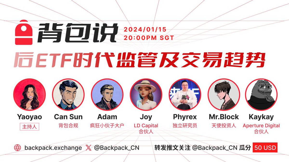 Backpack中文 (@backpack_cn) on Twitter photo 🎒第一期背包说来咯!
后ETF时代有哪些机会值得把握?哪些风险应该注意?🏄🏾♂️
我们很荣幸的邀请到行业资深人士<a href="/GoLadsCS/">GoLadsCS</a> ,<a href="/afdtaxm/">Adam</a> ,<a href="/Joylou1209/">Joy Lou</a>,<a href="/Phyrex_Ni/">Phyrex</a> ,<a href="/mrblocktw/">區塊先生 🐡 ⚠️ (rock #58)</a>,<a href="/keyahayek/">Kay Capital</a> 来到背包频道进行分享!
🎁 关注<a href="/Backpack_CN/">Backpack中文</a>, 转发并邀请3位好友,5名用户瓜分50U,明天见! 🎒第一期背包说来咯!
后ETF时代有哪些机会值得把握?哪些风险应该注意?🏄🏾♂️
我们很荣幸的邀请到行业资深人士<a href="/GoLadsCS/">GoLadsCS</a> ,<a href="/afdtaxm/">Adam</a> ,<a href="/Joylou1209/">Joy Lou</a>,<a href="/Phyrex_Ni/">Phyrex</a> ,<a href="/mrblocktw/">區塊先生 🐡 ⚠️ (rock #58)</a>,<a href="/keyahayek/">Kay Capital</a> 来到背包频道进行分享!
🎁 关注<a href="/Backpack_CN/">Backpack中文</a>, 转发并邀请3位好友,5名用户瓜分50U,明天见!