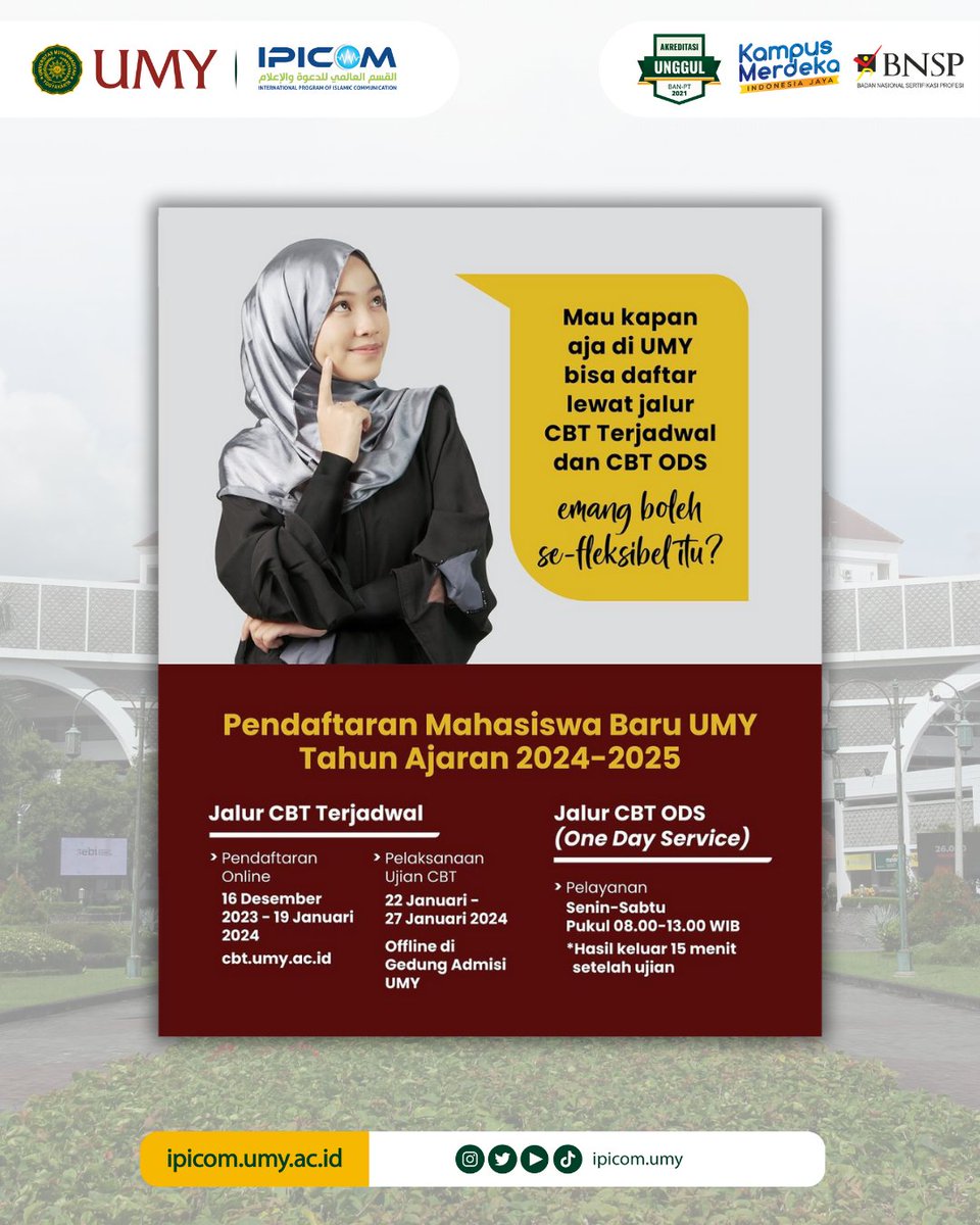 Yuk Daftar IUP KPI (International Undergraduate Program of Islamic Communication and Broadcasting)

Telah dibuka pendaftaran mahasiswa baru IUP KPI UMY melalui
Jalur CBT Periode 2
Jalur CBT ODS (One Day Service)
Jalur Nilai Rapor Periode 3

#pmbipicom #pendaftaranmahasiswabaru