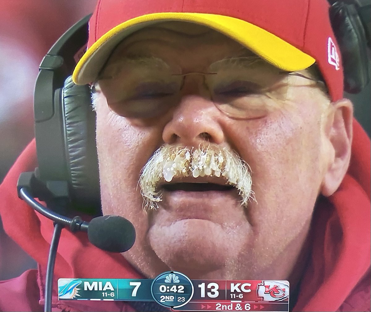 TheKennyRoda's tweet photo. Check out @Chiefs head coach #AndyReed's "Snot Sickles" courtesy of the Peacock! https://t.co/Cp07qUKLjQ
