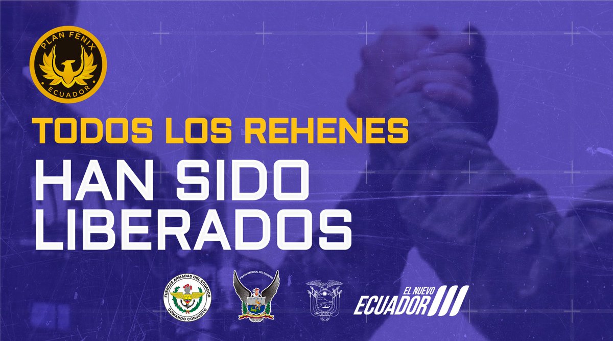 Presidencia_Ec's tweet photo. El gran trabajo de las Fuerzas del Orden ha dado como resultado la liberación exitosa de todos los rehenes a escala nacional. 

#JuntosContraElTerrorismo #EcuadorPrimero #DefiendeTuBandera #10E #ElNuevoEcuador https://t.co/rmrKgqLa1N