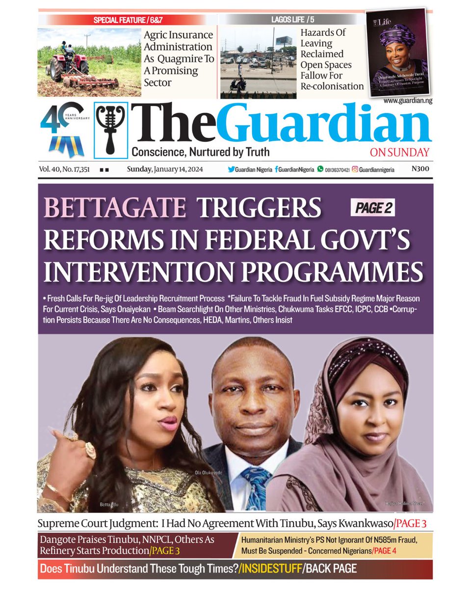 GuardianNigeria's tweet photo. These are the headlines in today’s edition of The Guardian.

Get The Guardian on the newsstands for the latest in world news, sports, and in-depth analysis. ⁣

Visit https://t.co/EiKkmggTy3 for more.

#InterventionProgram #FederalGovernment #Tinubu #Kwankwaso #SupremeCourt #DangoteRefinery #Dangote #NNPC #HumanitarianMinistry #Fraud #BreakingNews #Nigeria #Nigerians
