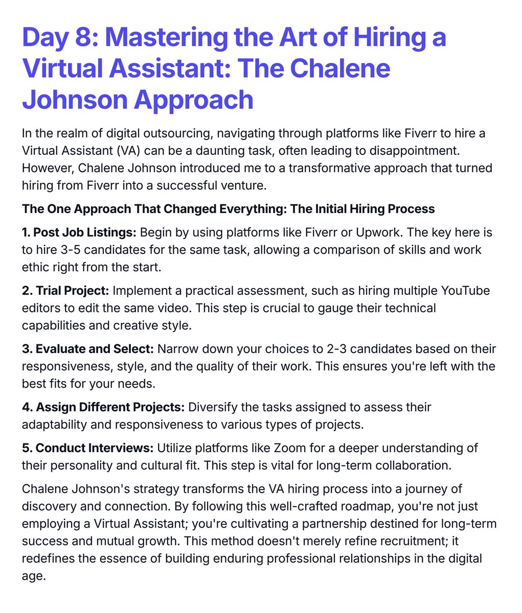 Day 8 of #Ship30for30: Mastering the Art of Hiring a Virtual Assistant: The Chalene Johnson Approach

@chalenejohnson Thank you!