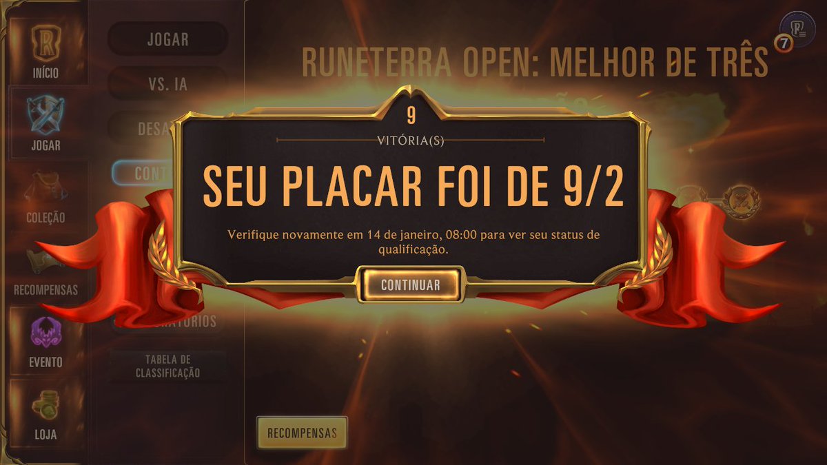 Sei que não vale nada dessa vez, mas tá ai kkkk =)

Joguei pelo celular e aproveitei para testar Teemo Yuumi. Não gostei muito, o deck tentou afundar.

Só queria pegar os troféuzinhos da contenda, já tenho os cosméticos, então vou deixar minha vaga para outra pessoa amanhã.