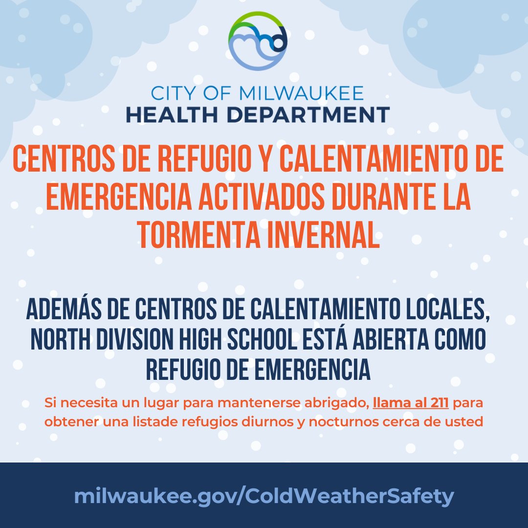The Milwaukee Health Department, American Red Cross, Milwaukee Fire Department, Milwaukee Public Schools, 211, and local partners, activated North Division High School as an Emergency Shelter. Displaced individuals urged to dial 211 for list of additional open Warming Centers.