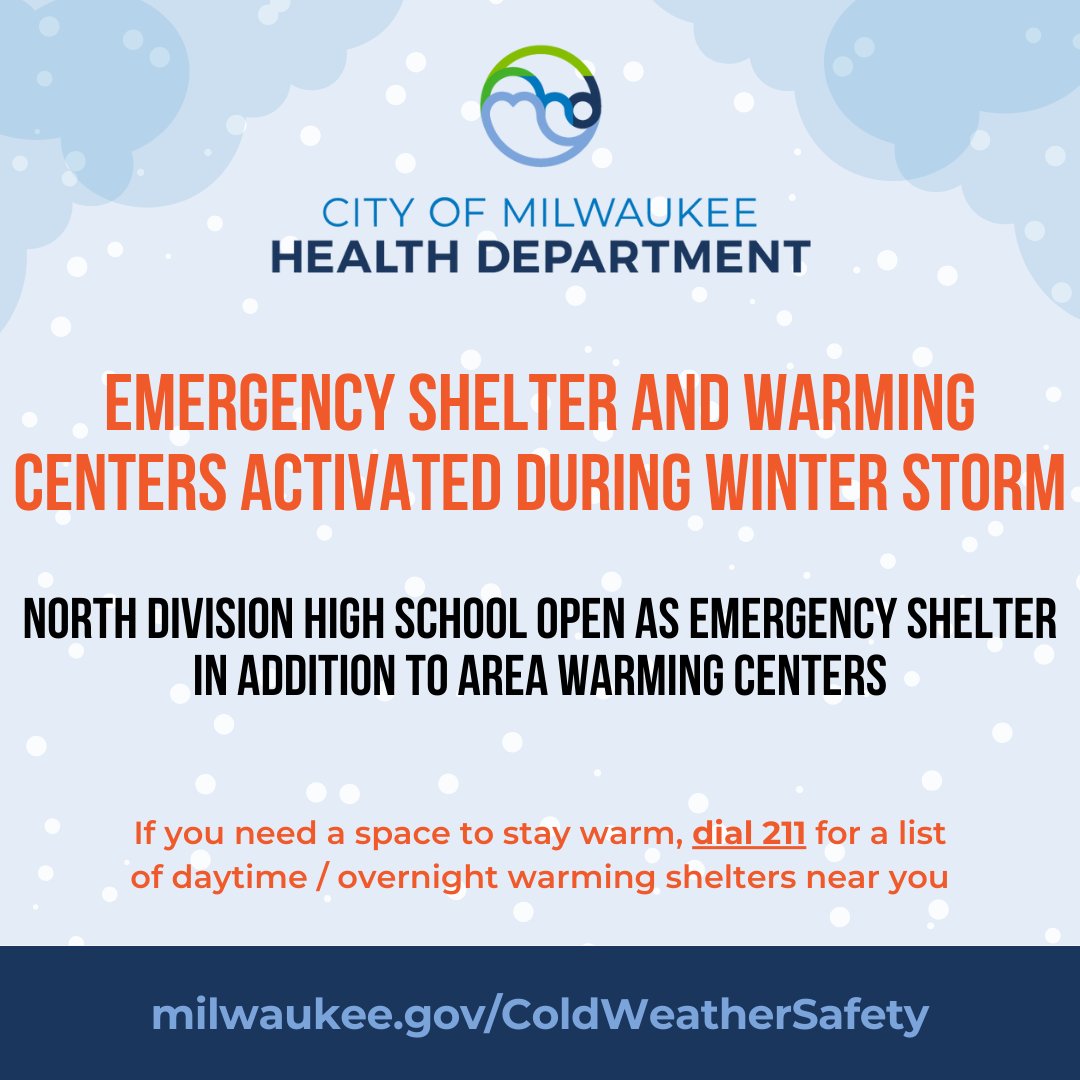 MKEhealth's tweet photo. The Milwaukee Health Department, American Red Cross, Milwaukee Fire Department, Milwaukee Public Schools, 211, and local partners, activated North Division High School as an Emergency Shelter. Displaced individuals urged to dial 211 for list of additional open Warming Centers. https://t.co/khCFsjpTeu