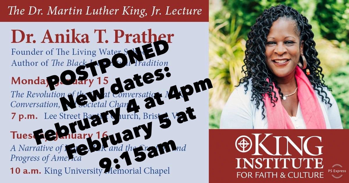 King Institute for Faith & Culture (@ki_faithculture) on Twitter photo Owing to probable inclement weather, we’re postponing <a href="/AnikaFreeindeed/">Anika Prather (please call me Aneeeeeka)</a> — but we’ll give her a warm welcome on Feb. 4-5. Owing to probable inclement weather, we’re postponing <a href="/AnikaFreeindeed/">Anika Prather (please call me Aneeeeeka)</a> — but we’ll give her a warm welcome on Feb. 4-5.