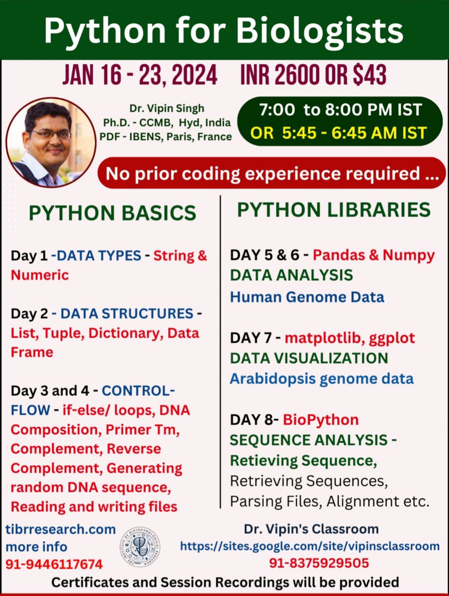 Last Chance to Register..
#python #workshop
Registration Link - sites.google.com/site/vipinscla…

#biotechnology #biology #bioinformatics #python #DrVipinsWorkshop #googlecolab #jupyternotebook #BiologistsMustCode