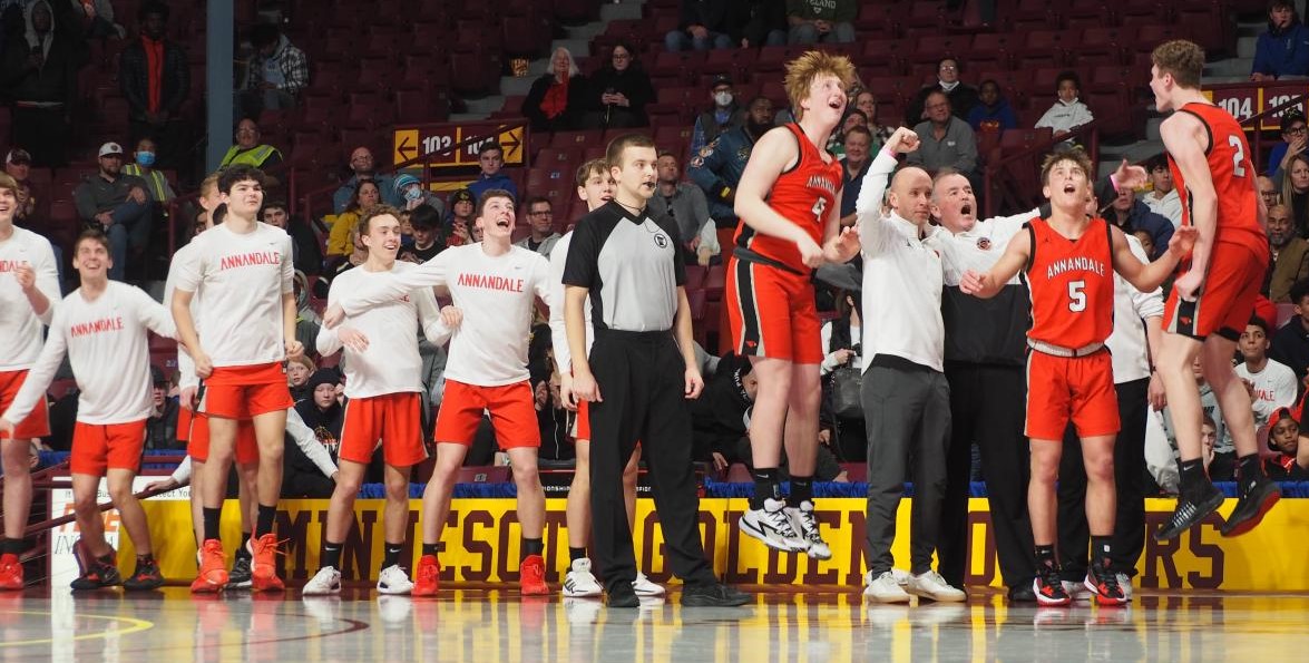 MinnesotaMillea's tweet photo. Here's a photo of Skip Dolan and the Annandale bench as the final seconds ticked off the clock in their state championship win at Williams Arena. https://t.co/p6MTaGusqm