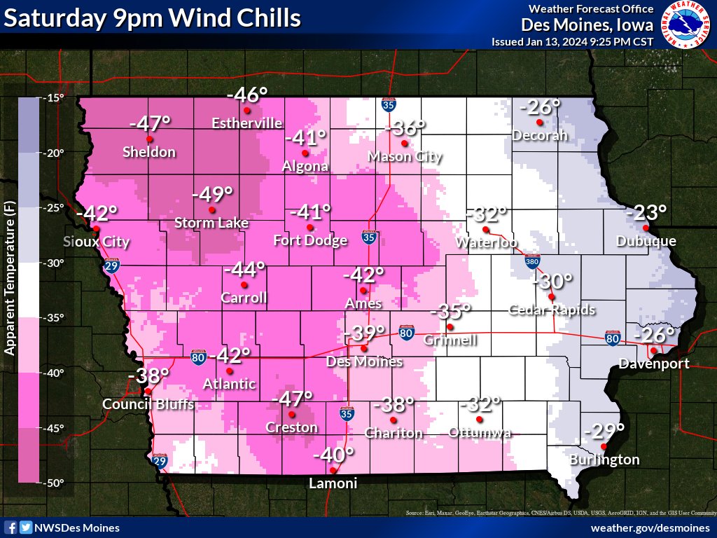NWSDesMoines's tweet photo. 🥶9pm wind chills have dropped into rare territory with readings to -40F all the way to the MO border.  Frostbite can occur in under 10 minutes in these conditions.

Staying inside is the best plan, but if you must venture out, wear multiple layers and limit skin exposure. #iawx https://t.co/c3rCFAUNb2