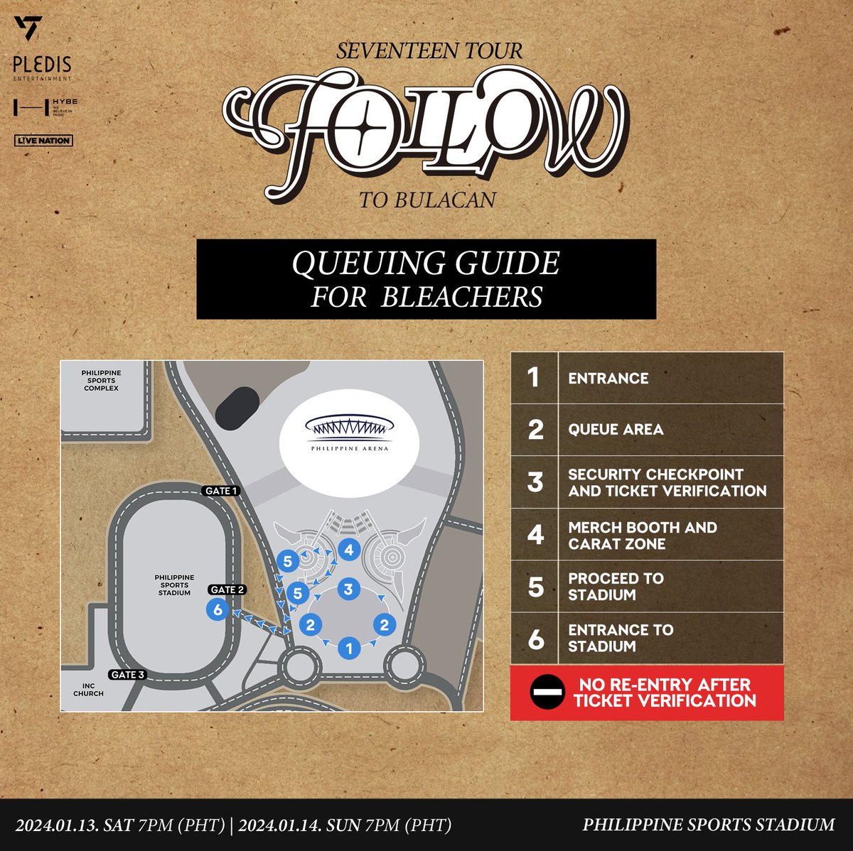 livenationph's tweet photo. Hi CARAT! Check out this step-by-step guide for queuing and entry to the Philippine Sports Stadium for SEVENTEEN TOUR ‘FOLLOW’ TO BULACAN 💎 

NO RE-ENTRY after ticket validation is STRICTLY ENFORCED, as stated in the Queuing Reminders found below your Queuing Number.

#SEVENTEEN #세븐틴 #SVT_TOUR_FOLLOW #FOLLOW #FOLLOW_TO_BULACAN