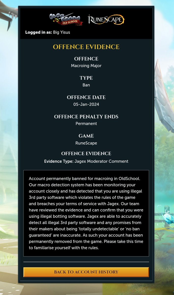 Tweeting everyday day 6 <a href="/JagexSupport/">Jagex Support</a> False Perm Ban and appeal denied on my 10yo+ acc RSN: Big Yisus. PLEASE MANUAL REVIEW!! What's wrong with you, I want to play calm
WHY RISK AN 10yo ACC?
<a href="/JagexAthena/">Mod Athena</a> 
<a href="/JagexTwisted/">Mod Twisted</a> 
<a href="/JagexGoblin/">Mod Goblin</a> 
<a href="/JagexTyran/">Mod Tyran</a> 
<a href="/JagexKieren/">Mod Kieren</a>