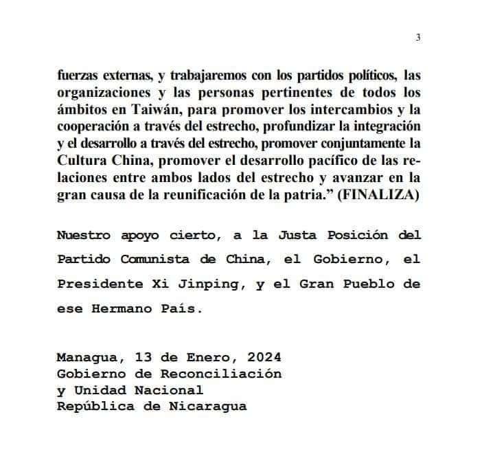 Este sábado 1️⃣3️⃣ de enero de 2024, el Gobierno de Reconciliación y las familias nicaragüenses emitieron un comunicado expresando nuestro pleno respaldo a la República Popular China, al Partido Comunista de China, a su Gobierno y al Pueblo de ese Gran País. Esto