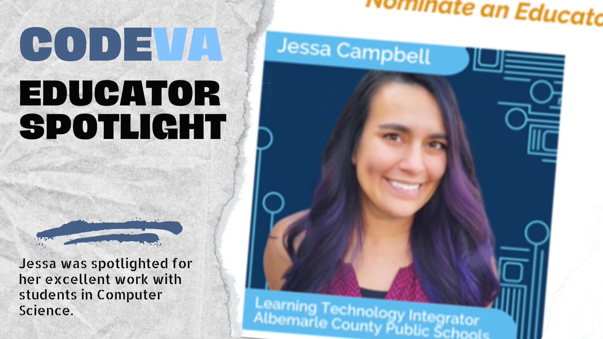 acpslearntech's tweet image. Shout out to ACPS LTI Jessa Campbell for the January CODEVA spotlight. Read about her work at Educator Spotlight - Meet Jessa Campbell! | CodeVA (codevirginia.org) #ACPS #code #computerscience