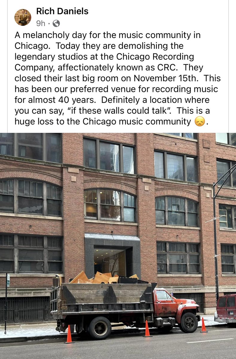 fakeshoredrive's tweet photo. They demolished CRC Studios in Chicago today. Artists like Michael Jackson, Rihanna, Aaliyah, Britney Spears &amp; R. Kelly all recorded hits there. 

And over the past few years has been rented out by the likes of Kanye West and Chance The Rapper for months at a time.

Sad day. https://t.co/zCc1rhSYhR