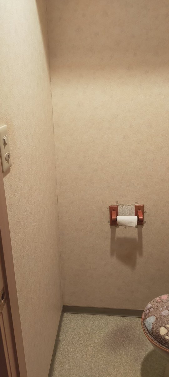 「トイレットペーパーホルダーのネジ？取れそうだから出来るならつけてほしい」ってエイブルに頼んで業者きて石膏ボードに穴開けて板くっつけて微妙に段差出来て違う壁紙そこだけ貼られてめっちゃ気になるんだけどこんなの普通？
