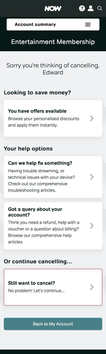 edwardreeve's tweet photo. @darkpatterns @seektruthfromfx @noodn1e Correct. This was the final page of a long cancellation flow. Here is a similar flow when cancelling a different package on the same site https://t.co/bSFL4WhvrT