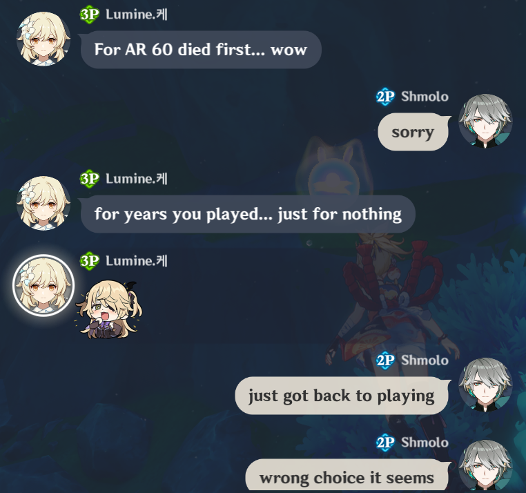 shmolo_'s tweet photo. apparently dying in genshin at AR60 is a criminal offense now or smt 😭 https://t.co/OzUVrXVPgj