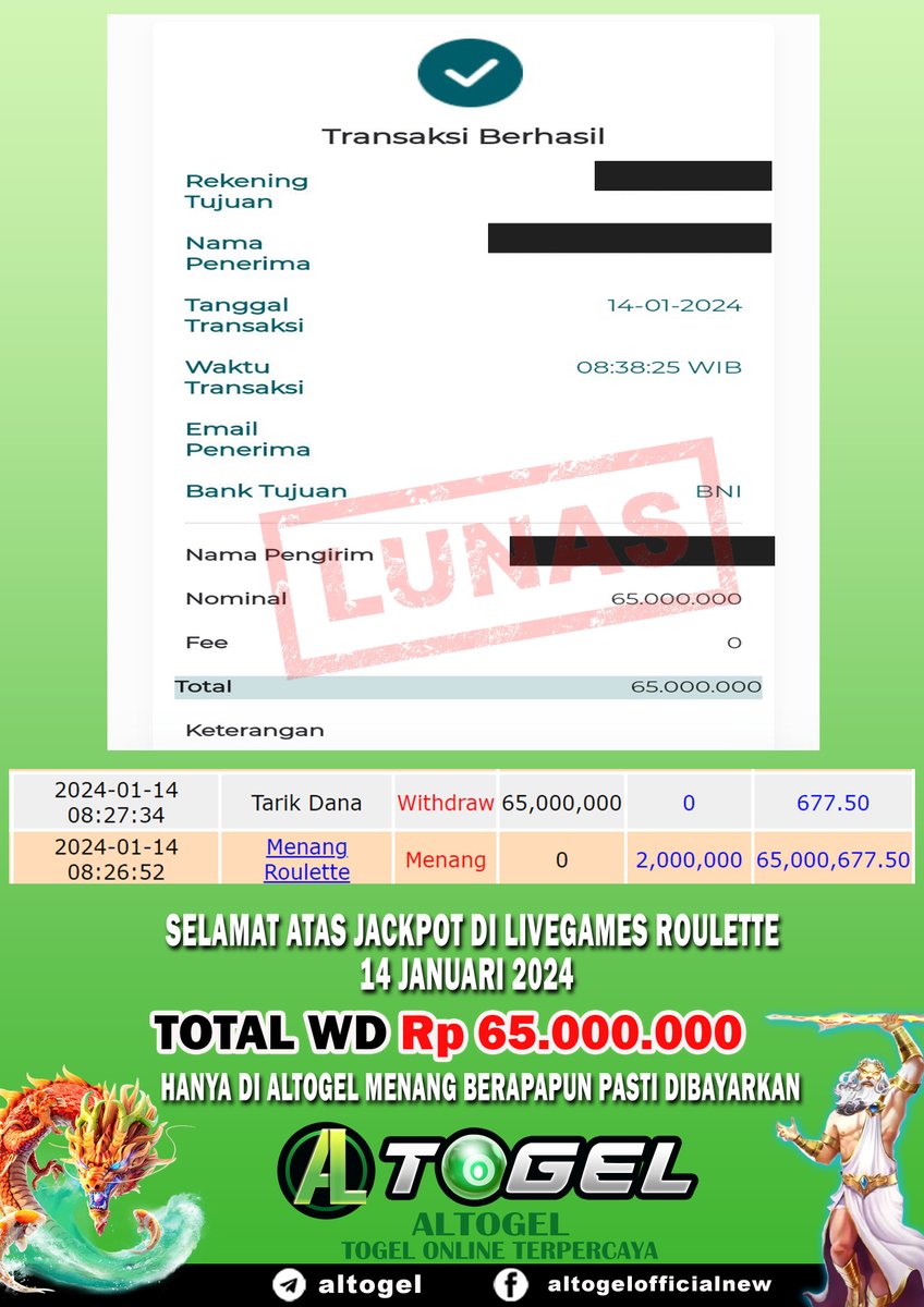 altogel's tweet photo. SELAMAT KEPADA PEMENANG MEMBER SETIA ALTOGEL MENANG DI LIVEGAMES ROULETTE DENGAN TOTAL WD Rp 65.000.000 DI BAYAR LUNAS.
AYO AJAK TEMAN & KERABAT BOSKU UNTUK DAFTAR & BERMAIN DI ALTOGEL.
JEMPUT HOKI NYA BERSAMA ALTOGEL.
MENANG BERAPAPUN PASTI DI BAYAR LUNAS.
#ALTOGEL https://t.co/Tug9T7UjY2