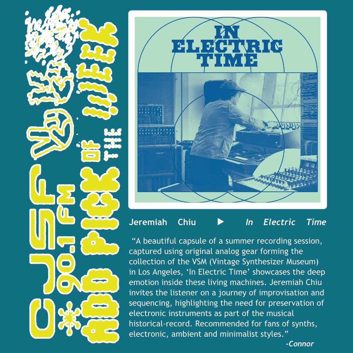 CJSF's tweet image. And now, the first #ChartPicks of 2024!  See this week&apos;s #CJSFCharts (ft. Layla Zoe, MUNYA, @Elisapie and more) + our #CJSFPick (@jeremiahchiu&apos;s &quot;In Electric Time&quot;) in the gallery below 🔻