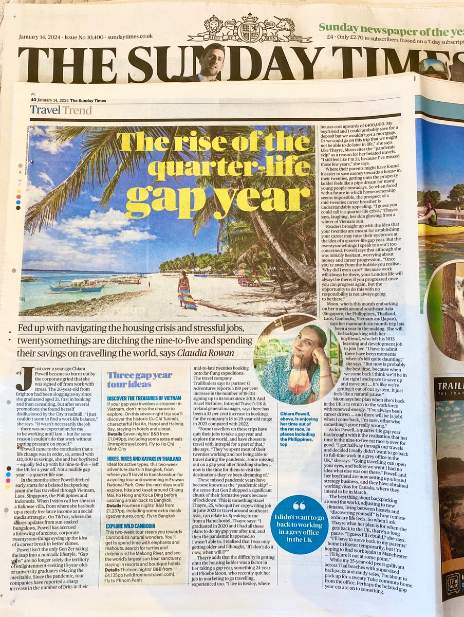 Claudia Rowan (@claudiarowan) on Twitter photo “I didn’t want to go back to working full-time in a grey UK office” - wrote about the rise of the quarter-life gap year for today’s Sunday Times
<a href="/thetimes/">The Times and The Sunday Times</a> @timestravel
thetimes.co.uk/article/4e607a… “I didn’t want to go back to working full-time in a grey UK office” - wrote about the rise of the quarter-life gap year for today’s Sunday Times
<a href="/thetimes/">The Times and The Sunday Times</a> @timestravel
thetimes.co.uk/article/4e607a…