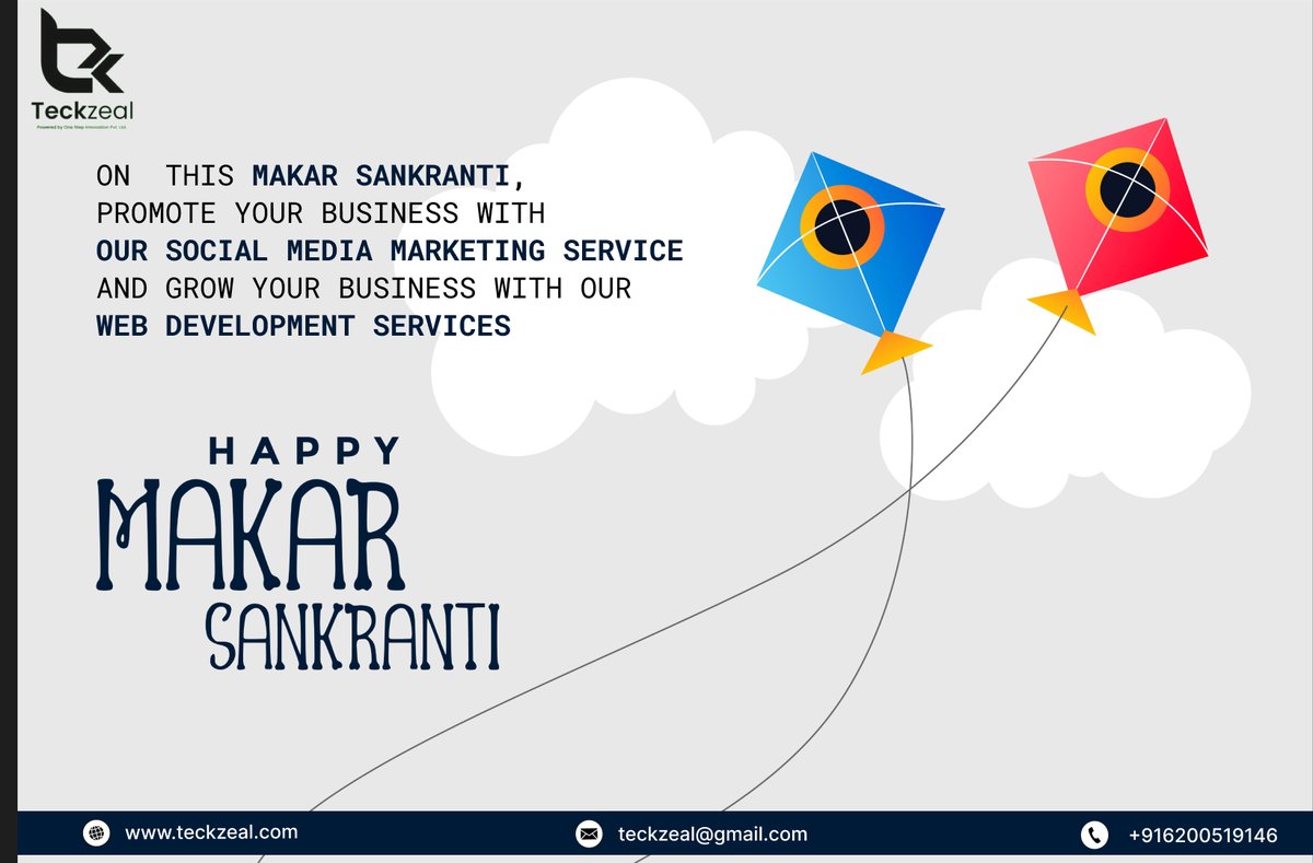 Teckzeal's tweet photo. ON  THIS MAKAR SANKRANTI, 
PROMOTE YOUR BUSINESS WITH 
OUR SOCIAL MEDIA MARKETING SERVICE
AND GROW YOUR BUSINESS WITH OUR 
WEB DEVELOPMENT SERVICES

CONTACT US @Teckzeal 

#MakarSankranti #makarsankranti2024 #festival #DigitalMarketing #technology #socialmedia https://t.co/HTzQRsiYkW