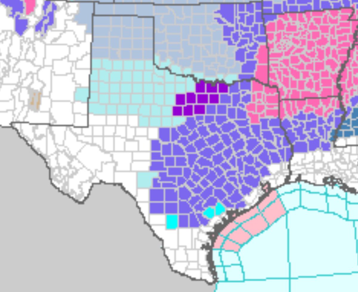 wxandsports's tweet photo. Almost every major city in #Texas now under a winter-weather related alert with #Houston now officially included in a Winter Weather Advisory (in purple). Winter Storm Warnings in pink and Wind Chill Warnings/Advisories in blue. Thankfully, this will not be like Feb. 2021.

#txwx https://t.co/hVJkGJP8M4