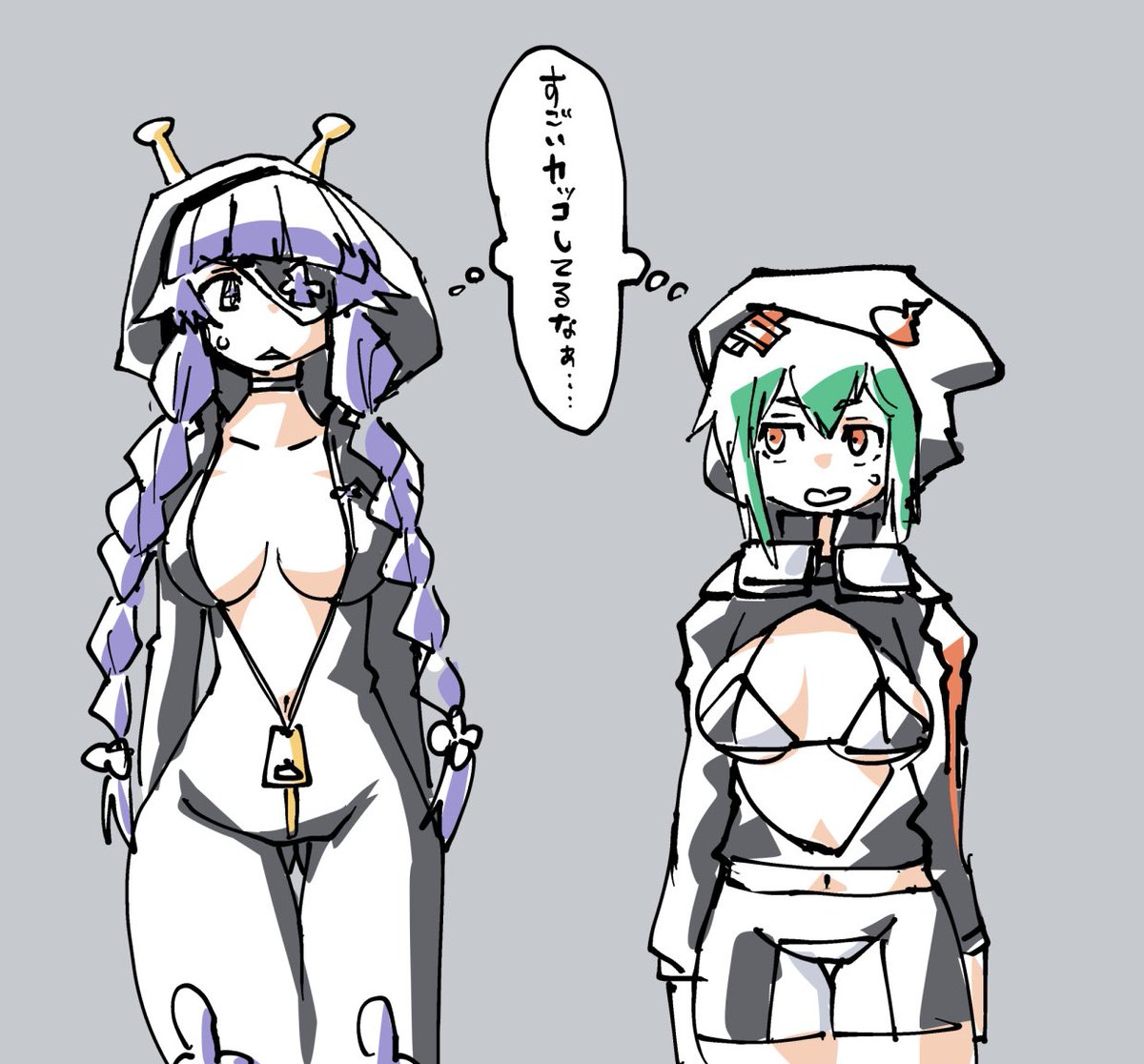 左の人が肩モコっとなってるので右の人を描くとき同じくモコっとさせてしまいがちなので気をつける必要がある 