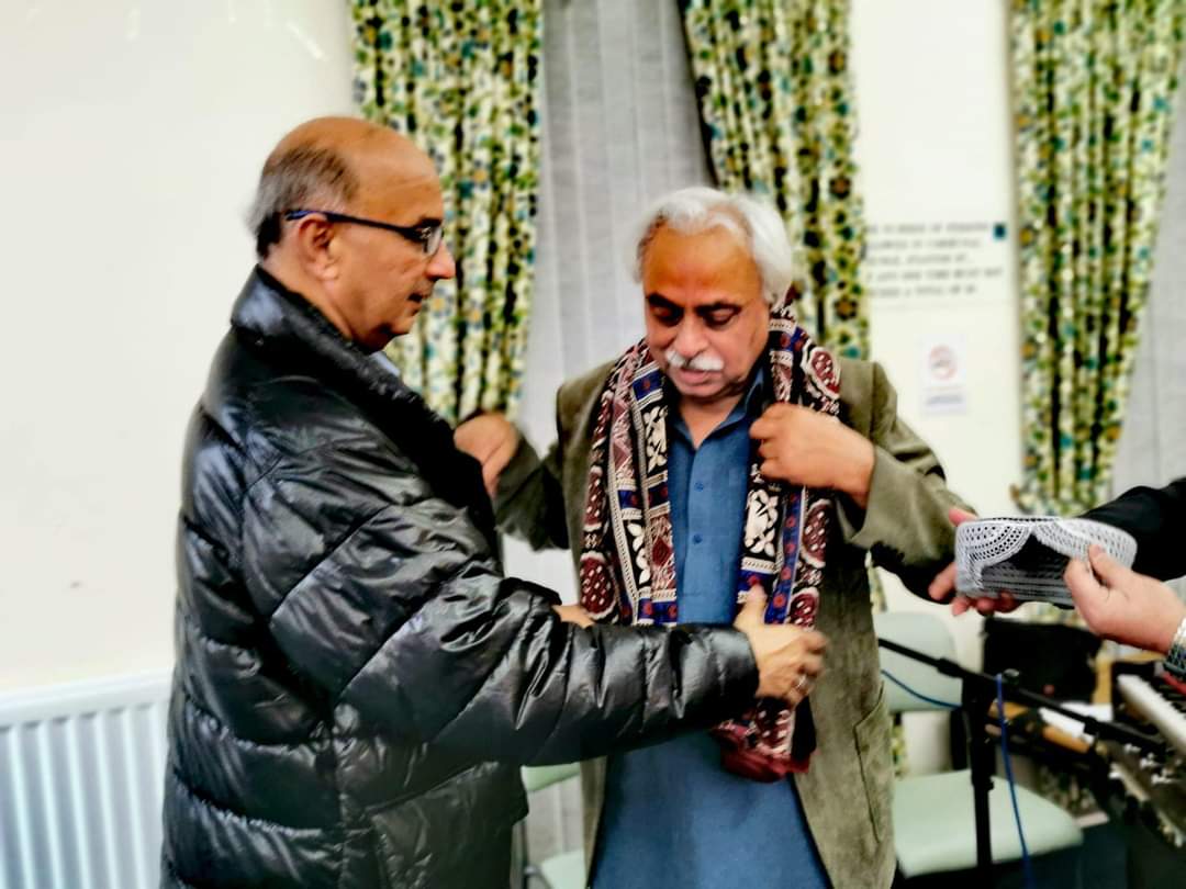 Prominent writer and former  GENERALMANAGER PTV Saeen SAMI BALOCH was presented Ajrak and Sindhi Topi by Mumtaz Saman sahib chairman Pakistan Culture Society, Siddique Dahri General Secretary PTI Northeast and Newcastle Team in a gathering in Newcastle upon Tyne UK on 10.01.2024
