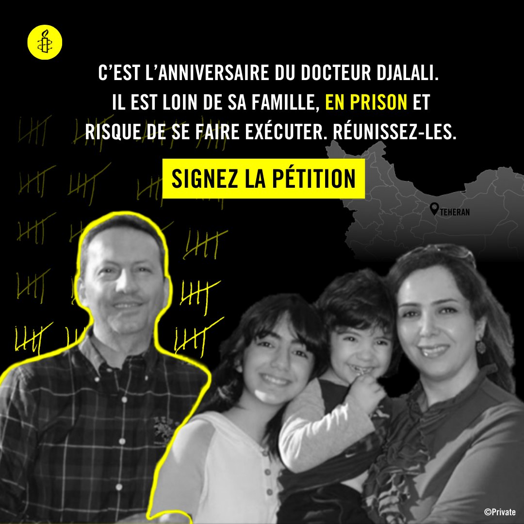 🎂C'est l'anniversaire du docteur #AhmadrezaDjalali ce dimanche 14 janvier.

Condamné à mort à cause d'aveux extorqués sous la torture, il risque d'être exécuté à tout moment en #Iran

👉Aidez-le à rejoindre sa famille. Signez la pétition amnesty.be/urgent-ahmadre…

#FreeDjalali