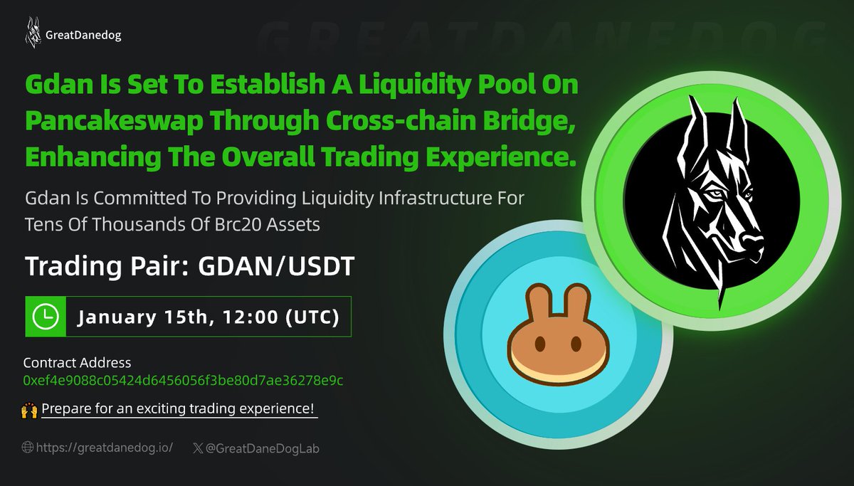 GreatDaneDogLab's tweet photo. 🚀 GDAN is set to establish a liquidity pool on PancakeSwap through cross-chain integration, enhancing the overall trading experience.

📅 Date: January 15th, 12:00 (UTC)
🔄 Trading Pair: GDAN/USDT 
📈Contract Trading Address: 0xef4e9088c05424d6456056f3be80d7ae36278e9c

Prepare for an exciting trading experience!
#GDAN #pancakeswap  #CryptoTrading