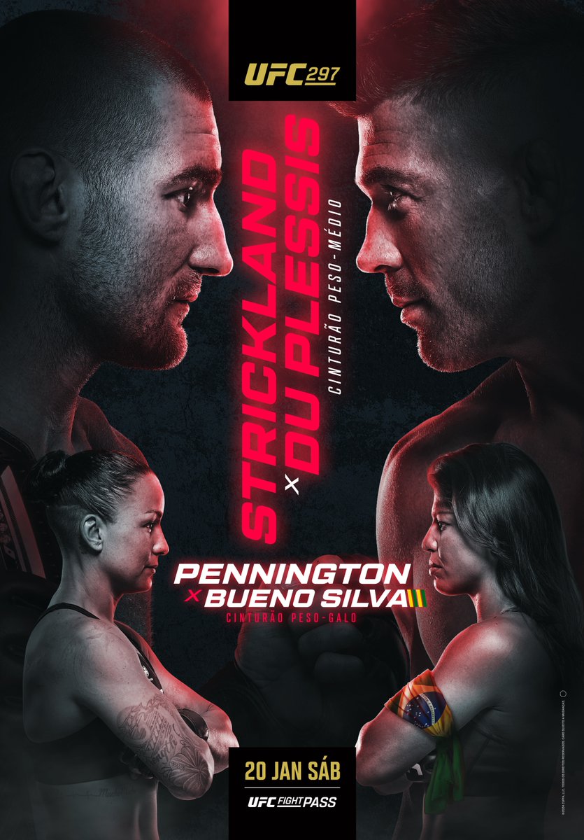 UFC Brasil (@ufcbrasil) on Twitter photo 📌 #UFC297
🇺🇸 <a href="/SStricklandMMA/">Sean Strickland</a> x @DricusDuPlessis 🇿🇦
🇺🇸 <a href="/RockyPMMA/">Raquel Pennington</a> x <a href="/MayraSheetara/">Mayra Sheetara</a> 🇧🇷
🗓️ Sábado, 20 de janeiro
🕧 A partir de 20h30 (de Brasília)
📺💻📱 Ao vivo e exclusivo no <a href="/UFCFightPassBR/">UFC Fight Pass Brasil</a> 📌 #UFC297
🇺🇸 <a href="/SStricklandMMA/">Sean Strickland</a> x @DricusDuPlessis 🇿🇦
🇺🇸 <a href="/RockyPMMA/">Raquel Pennington</a> x <a href="/MayraSheetara/">Mayra Sheetara</a> 🇧🇷
🗓️ Sábado, 20 de janeiro
🕧 A partir de 20h30 (de Brasília)
📺💻📱 Ao vivo e exclusivo no <a href="/UFCFightPassBR/">UFC Fight Pass Brasil</a>