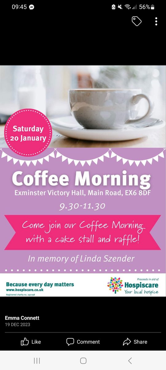 Next Saturday morning 09.30 there is a coffee morning in aid of <a href="/Hospiscare/">Hospiscare</a> . Please come along, bring some cash, have some cake, buy a raffle ticket or two and enjoy meeting with friends and making new ones! There will be a play area too! 

#exminster #fundraiser