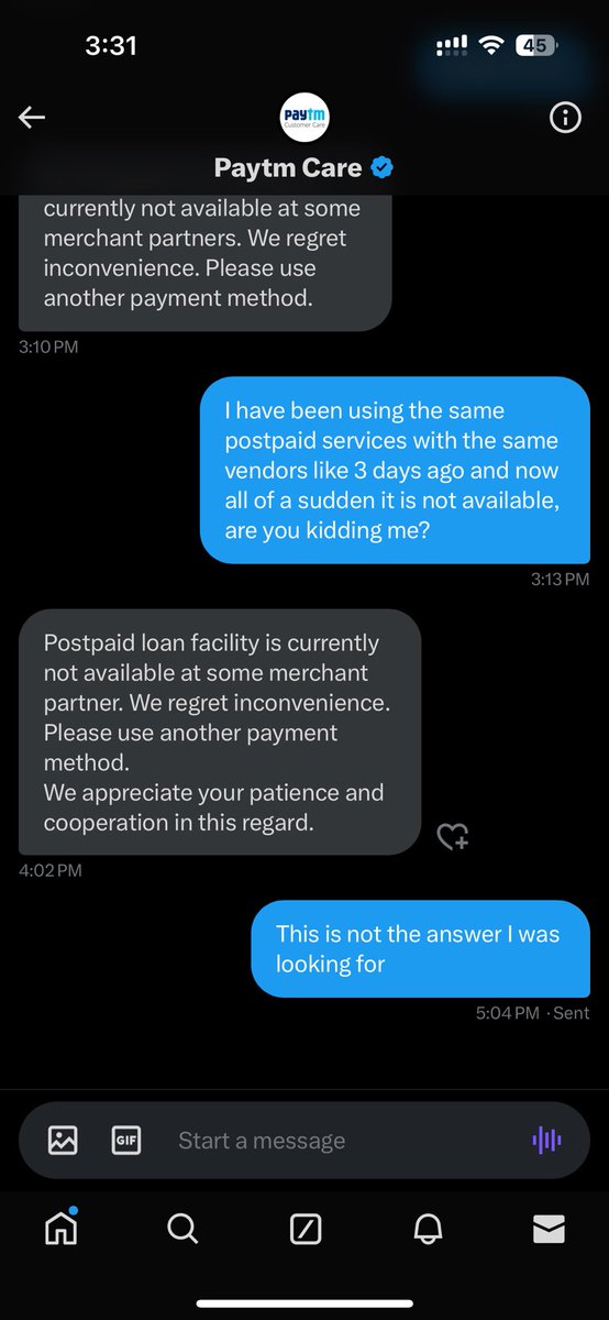 inso2dream's tweet photo. And the solution from @Paytm @Paytmcare @PaytmBank is the message conversation that I had with them.

What a waste of time, was able to transact with same merchants even I cannot use it for filling up pertrol in my car. https://t.co/mZVU391W2w